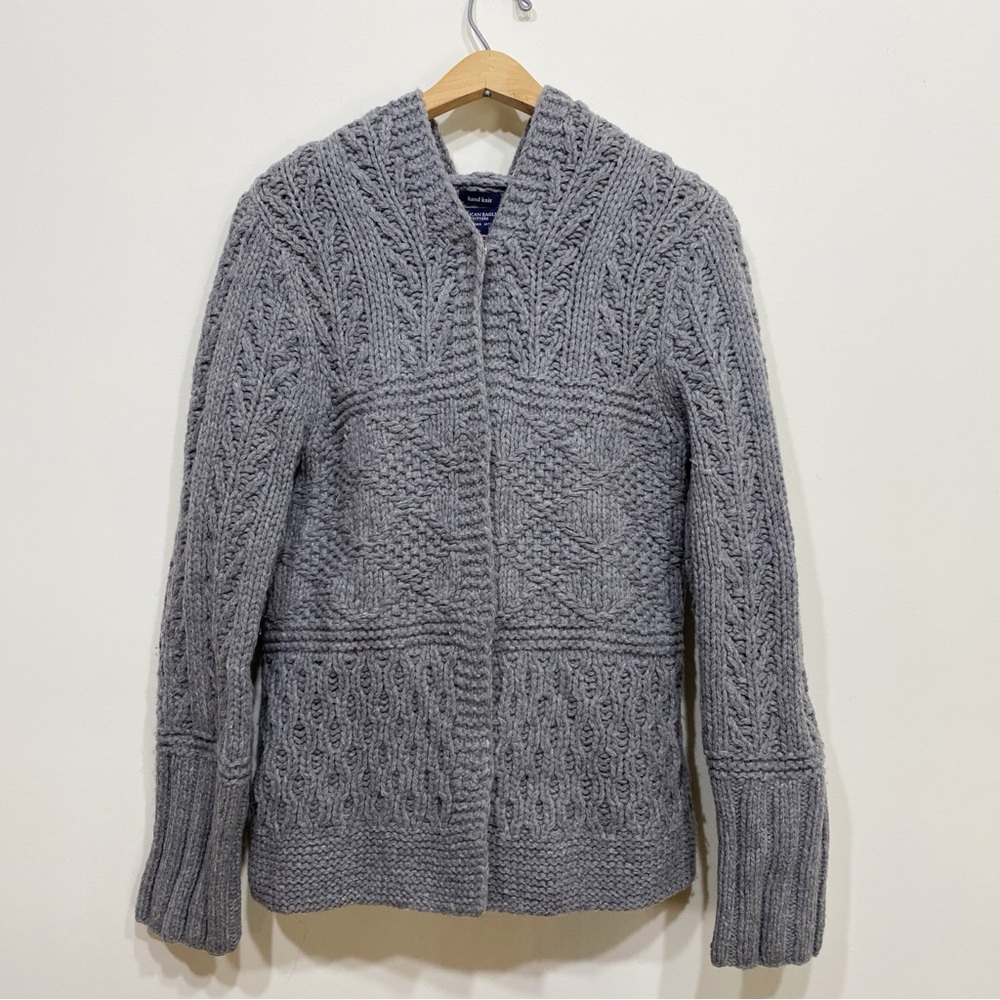 American Eagle Lambs Wool Sweater Womens Large Hand Knit Cable Hooded Minimalist